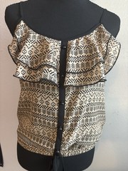 Maurices Women’s S Black Beige Geometric Ruffle Cold Shoulder Scoop Top