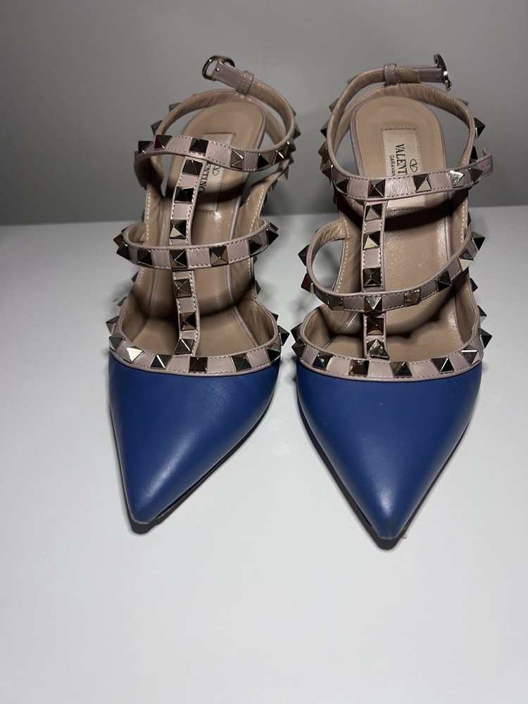 Valentino Rockstud Blue/Beige Leather Pointed Toe Ankle Strap Heels 7.5