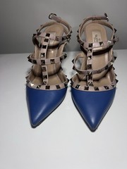 Valentino Rockstud Blue/Beige Leather Pointed Toe Ankle Strap Heels 7.5