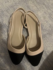 Women’s Beige and Black Slingback Flats Cap Toe Synthetic Closed Toe Shoes