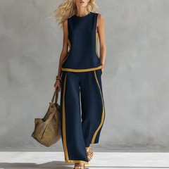 Simple Stripe Print Women’s Suits Sleeveless Blouse Wide Leg Pants Two Piece Set