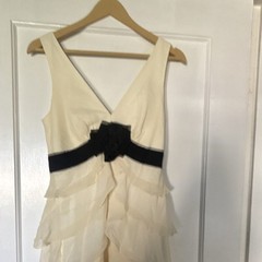 BCBGMAXAZRIA Ivory Black Solid V-Neck Layered Ruffle Sleeveless Long Gown 4