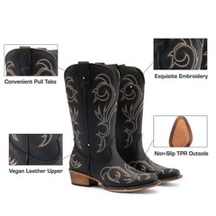 Women Low Heel Pull On Western Boots Square Toe Cowboy Cowgirl Mid Calf Boots
