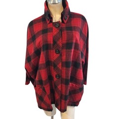 Coldwater Creek XL Buffalo Plaid Cape Poncho Jacket Red Black Wool