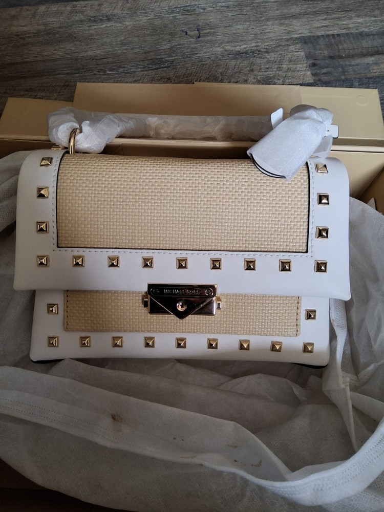 MICHAEL KORS CECE MEDIUM STUDDED FAUX LEATHER SHOULDER BAG CROSSBODY-OPTIC WHITE
