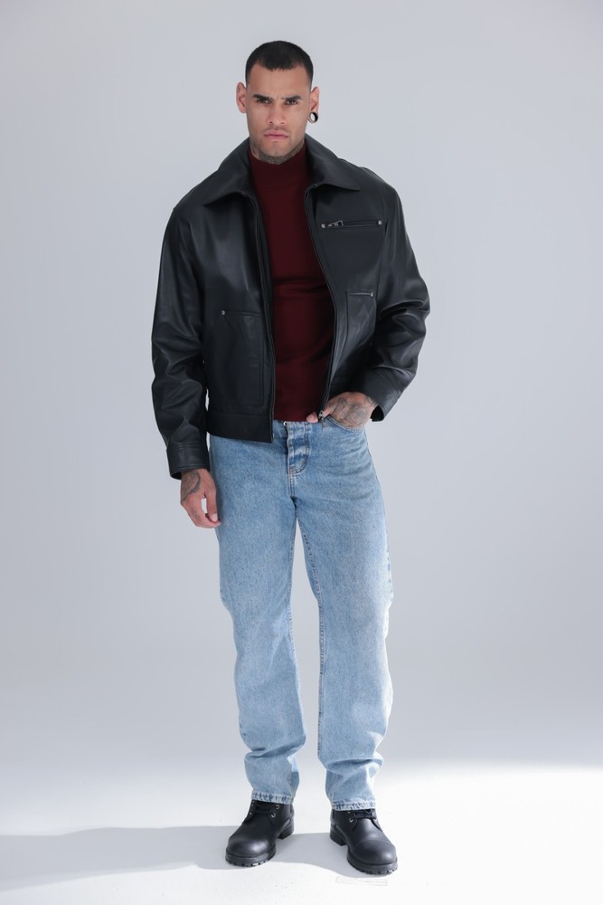 Men’s Genuine Leather Cafe Racer Jacket Black Zip Point Collar 25″ – 65cm