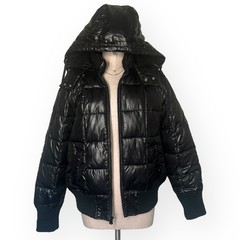 ’94 Vintage OLD NAVY Quilted Puffer Jacket Gloss Removable Hood Coat Black XL