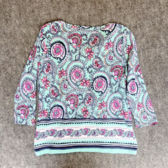 Talbots Petite Med MP Paisley Floral Top Aqua Pink Pima Cotton Modal 3/4 Sleeve