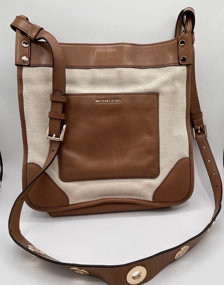 Michael Kors Sullivan Beige Canvas Tan Leather Messenger Crossbody Bag