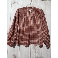 Treasure & Bond Plaid Split Neck Balloon Sleeve Blouse Rust Brown Small