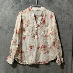 Eden & Olivia Floral Cotton Gauze Roll Tab Sleeve Blouse White Large Flaw