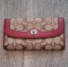Coach Signature Logo Foldover Wallet Turnlock Closure Beige/Brown Red Trim