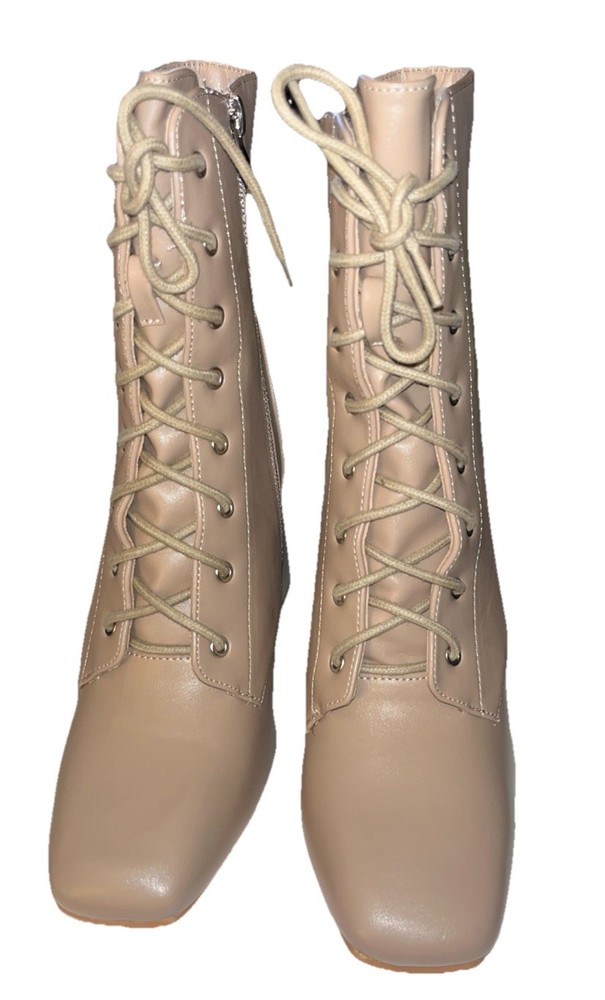 NEWBELLA Women’s Square Toe Ankle Boots – Lace-Up Block Heel Side Zip Apricot 8