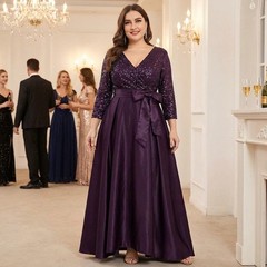 Plus Size 22W Purple Sequin Evening Gown Formal Maxi Dress V-Neck Elegant