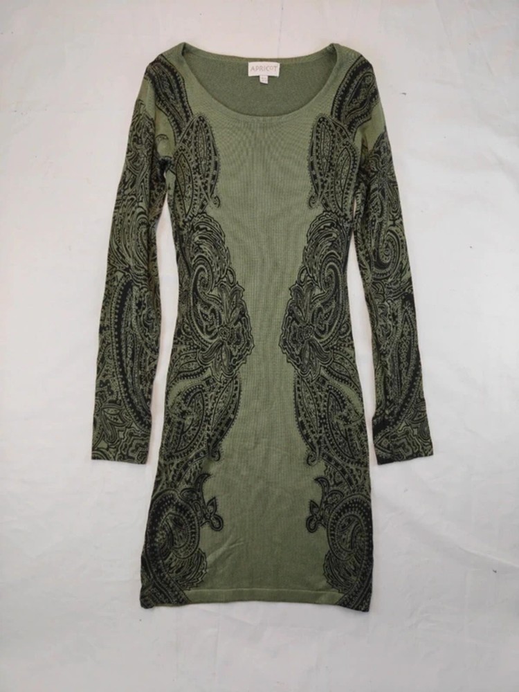 Apricot Khaki Green Paisley Knit Dress Size 8 Hourglass Bodycon Long Sleeve