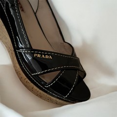 PRADA Black Patent Leather Slingback Wedge Sandals Cork Heel Size EU 39