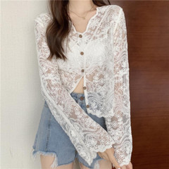 Ladies Lace Crochet Cardigan V-neck Hollow Knitted Embroidered Crop Top Shirt