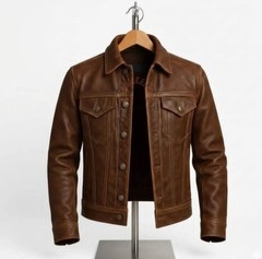 ​Men Brown Leather Trucker Jacket Classic Denim Style Vintage Real Leather Coat