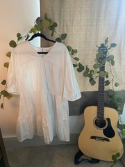 Sundry White Solid Babydoll Dress V-Neck 3/4 Puff Sleeve Short Zip Sz 0