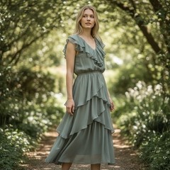 Scandal Italy Sapphire Sage Green Silk Blend Tiered Ruffle Midi Dress NWT Large