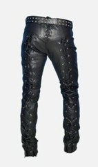 Men’s Real Cowhide Waxed Black Leather Pants Side Lacing Jean Trouser Cuir
