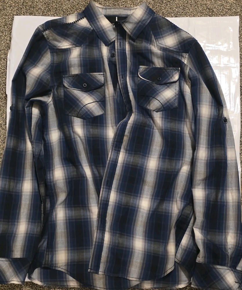 i jeans by Buffalo Men’s L Plaid Woven Long Sleeve Button-Up Shirt Pockets