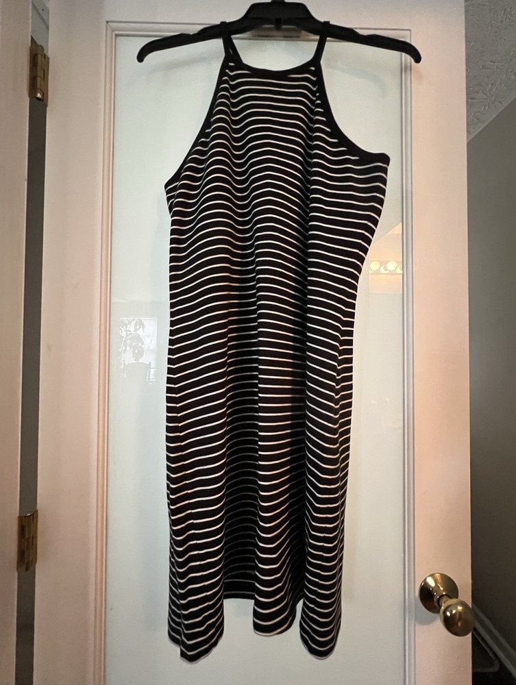 New York & Company Black/White Striped Racerback Tank Dress XL Stretch