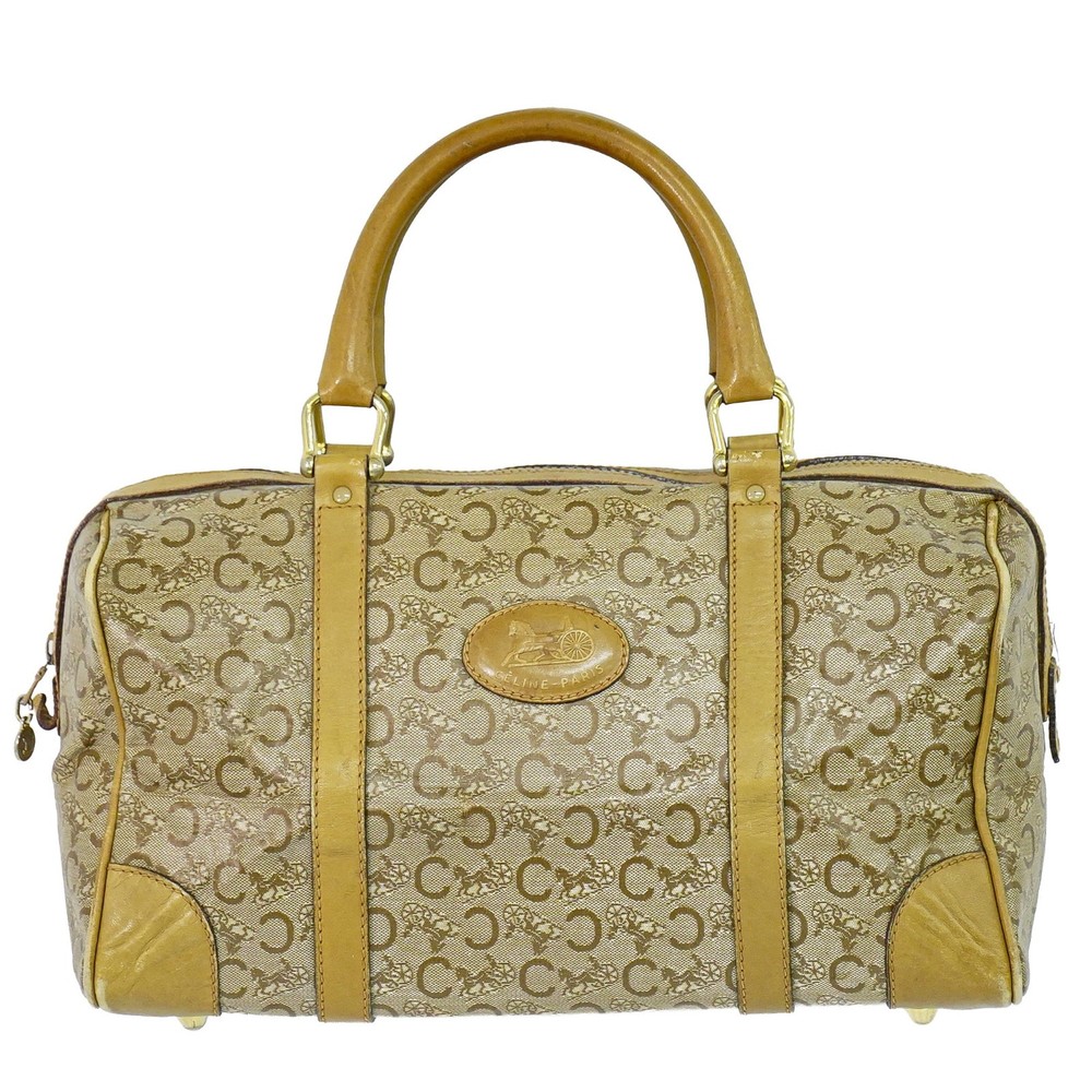 CELINE C Macadam PVC Boston Handbag Beige Gold