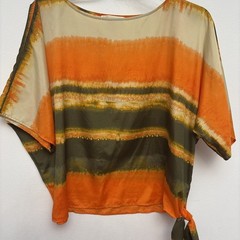 MICHAEL KORS Blouse, Orange Green Beige Tie Dye Stripe, Dolman Sleeve, Womens XL