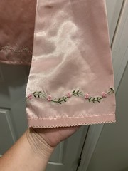 Vtg Kathryn 2 Pc Satin Pajama Set Sz L Pink Sissy Lounge floral embroidery
