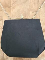 Vintage Black Evening Purse Bag With Gold Crown Clasp & Gold Link Chain Strap