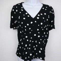 Ann Taylor Loft Top Womens Size 2 Black V Neck White Polka Dot Peplum Shirt NEW