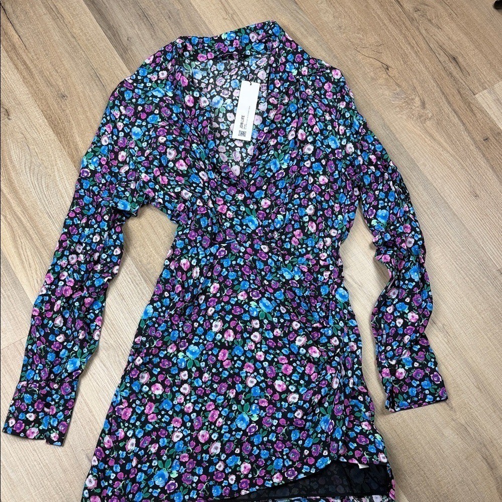 Zara Black Floral Wrap Mini Dress with Pink & Blue Blossoms. NWT. Size Small