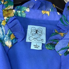 CeCe Dress Womens Size Large Blue Floral Ruffled Puff Sleeve Vneck New