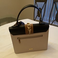 ALDO Colorblock Satchel Top Handle Bag Beige Black Brown Turn Lock Gold Charm