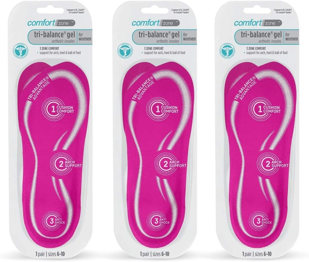 Comfort Zone Orthotic Insoles Women Gel Support 3/4 Length Sizes 6-10 Pack of 3