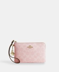 NWT COACH CEF72 Corner Zip Wristlet Signature Canvas with Charm Gold Powder Pink