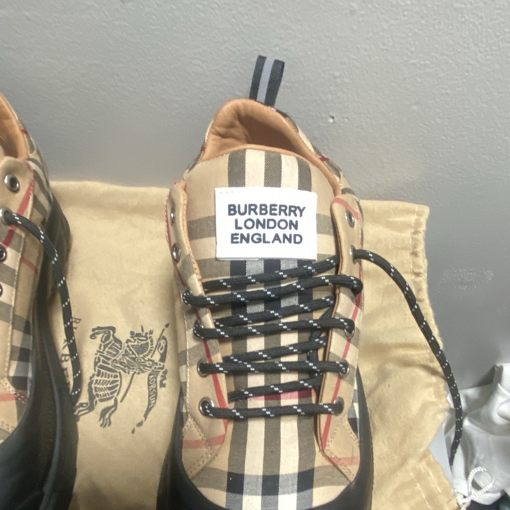 Burberry Men’s Beige/Black Check Suede Lace-Up Sneakers US 10 Round Toe