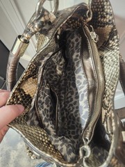 Y2K GUESS Monogram Snakeskin Print Shoulder Bag Purse Brown Beige Logo Handbag