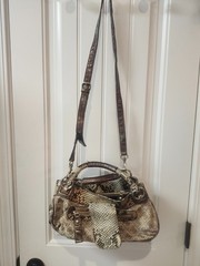 Y2K GUESS Monogram Snakeskin Print Shoulder Bag Purse Brown Beige Logo Handbag