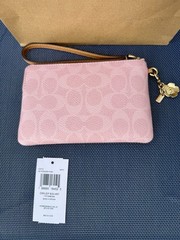 NWT COACH CEF72 Corner Zip Wristlet Signature Canvas with Charm Gold Powder Pink