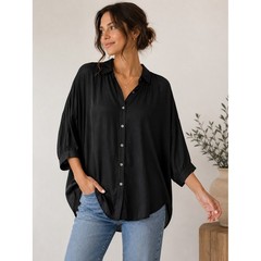 Mustard Seed Black Oversized Button Blouse Silky Dolman Sleeve Blouse Large