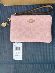 NWT COACH CEF72 Corner Zip Wristlet Signature Canvas with Charm Gold Powder Pink