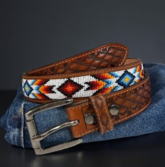 Full Grain Leather Hand Tooled Western Belt Cowboy Rodeo Beaded Removable Buckle