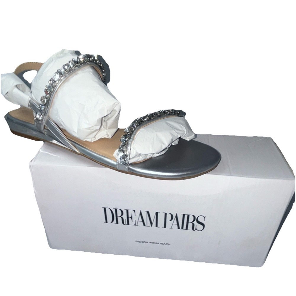 Dream Pairs Women’s Silver Rhinestone Strappy Flat Ankle Strap Sandals 7