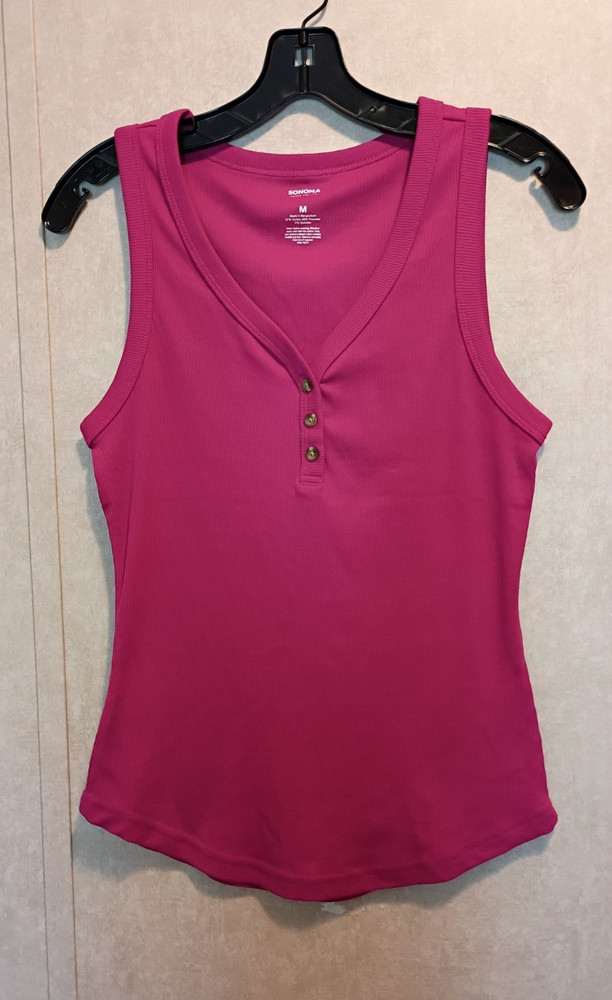 Sonoma Goods For Life Pink Ribbed Henley V-Neck Tank Top Stretch M