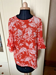 PRIMARK Ladies Blouse Top Size 12 Orange Floral Stretch Lightweight Half Sleeve