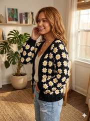 Handmade Crochet Patchwork Cardigan Black Floral Oversized Sweater