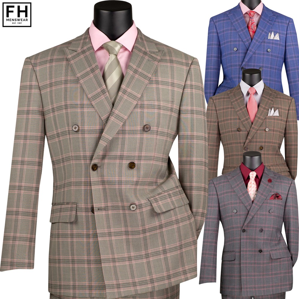 VINCI Men’s Glen Plaid Stretch Double-Breasted Suit – 36S-56L, 4 Colors – NEW