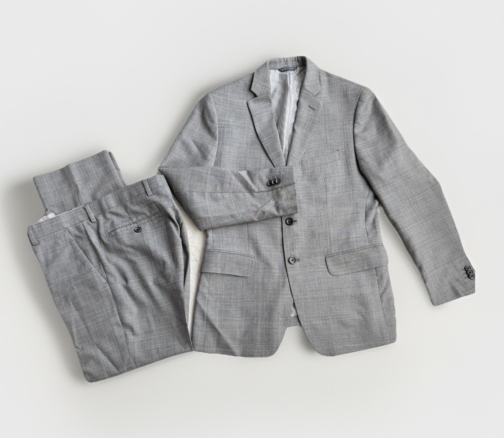 Banana Republic Mens 2pc Tailored Fit Suit 38S 32W 100% Wool Glen Plaid Gray